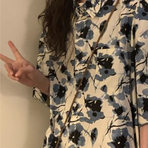 Unisex Retro Floral Polo Collar Shirt - Japanese Style Loose Casual Short Sleeve Top for Summer Fashion