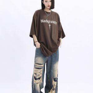 Unisex Retro High Street Ripped Jeans - Loose Straight Hip-Hop Pants for Men and Women, Trendy 90s Style