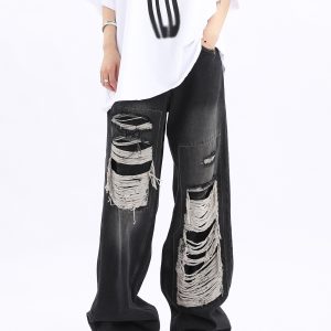 Unisex Retro High Street Ripped Jeans - Loose Straight Hip-Hop Pants for Men and Women, Trendy 90s Style