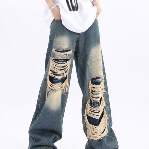 Unisex Retro High Street Ripped Jeans - Loose Straight Hip-Hop Pants for Men and Women, Trendy 90s Style
