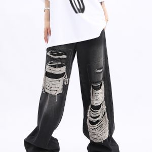 Unisex Retro High Street Ripped Jeans - Loose Straight Hip-Hop Pants for Men and Women, Trendy 90s Style