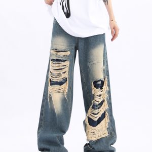 Unisex Retro High Street Ripped Jeans - Loose Straight Hip-Hop Pants for Men and Women, Trendy 90s Style