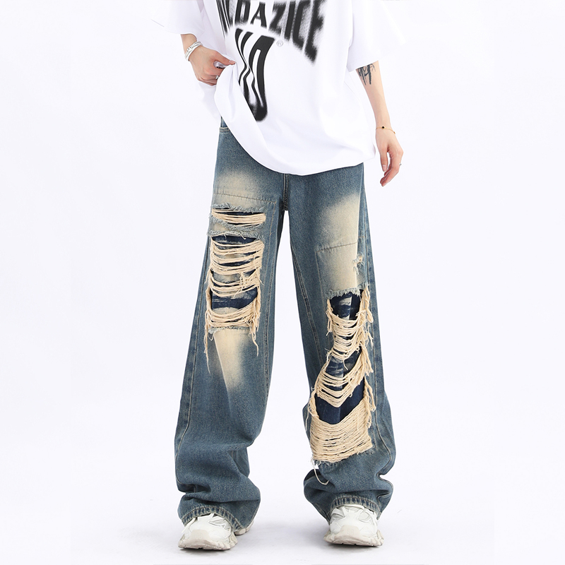 Unisex Retro High Street Ripped Jeans - Loose Straight Hip-Hop Pants for Men and Women, Trendy 90s Style