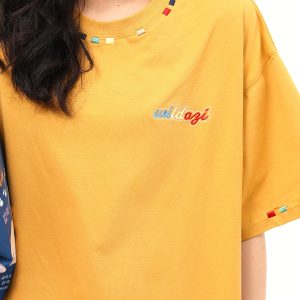 Unisex Retro Rainbow Embroidery Short Sleeve T-Shirt – American National Style, Loose Fit, Summer Essential for Couples