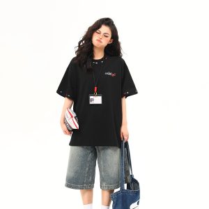 Unisex Retro Rainbow Embroidery Short Sleeve T-Shirt – American National Style, Loose Fit, Summer Essential for Couples