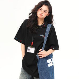 Unisex Retro Rainbow Embroidery Short Sleeve T-Shirt – American National Style, Loose Fit, Summer Essential for Couples