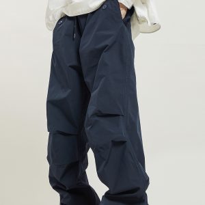 Unisex Retro Straight Black Drawstring Work Pants - Japanese Style High Street Casual Fashion