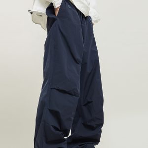 Unisex Retro Straight Black Drawstring Work Pants - Japanese Style High Street Casual Fashion
