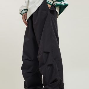Unisex Retro Straight Black Drawstring Work Pants - Japanese Style High Street Casual Fashion