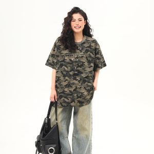Unisex Retro Washed Camouflage Short-Sleeve T-Shirt - Trendy Loose Fit Summer Top for Couples, Y2K Style