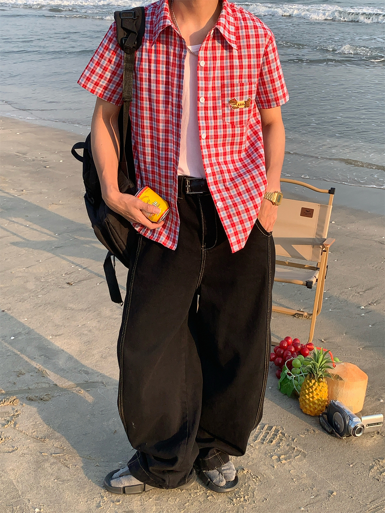 Unisex Slim Fit Dog Embroidery Short Sleeve Shirt - Versatile Vintage Plaid Top for Summer Casual Style Unisex Slim Fit Dog Embroidery Short Sleeve Shirt - Versatile Vintage Plaid Top for Summer Casual Style