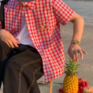 Unisex Slim Fit Dog Embroidery Short Sleeve Shirt - Versatile Vintage Plaid Top for Summer Casual Style