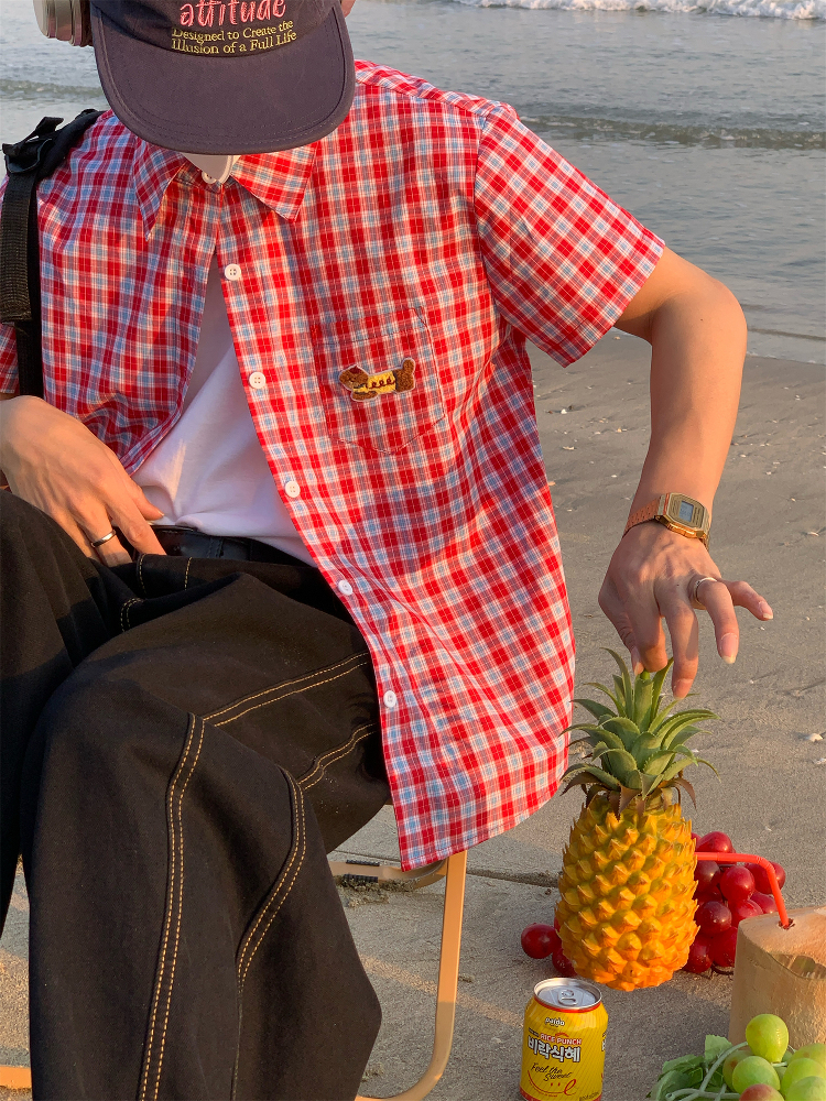 Unisex Slim Fit Dog Embroidery Short Sleeve Shirt - Versatile Vintage Plaid Top for Summer Casual Style Unisex Slim Fit Dog Embroidery Short Sleeve Shirt - Versatile Vintage Plaid Top for Summer Casual Style