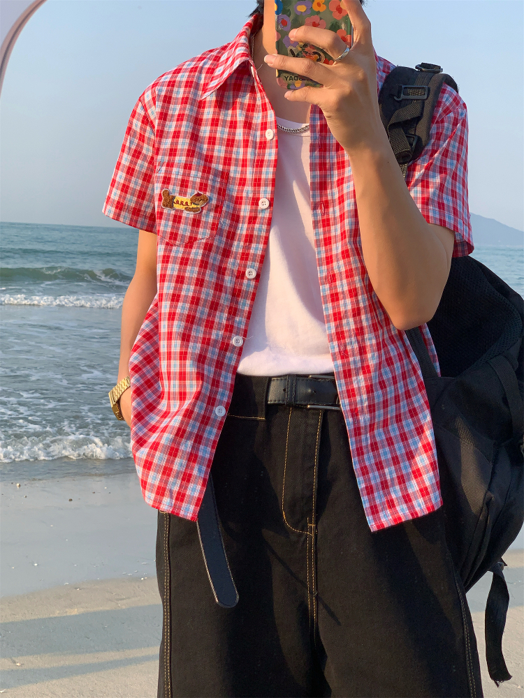 Unisex Slim Fit Dog Embroidery Short Sleeve Shirt - Versatile Vintage Plaid Top for Summer Casual Style Unisex Slim Fit Dog Embroidery Short Sleeve Shirt - Versatile Vintage Plaid Top for Summer Casual Style