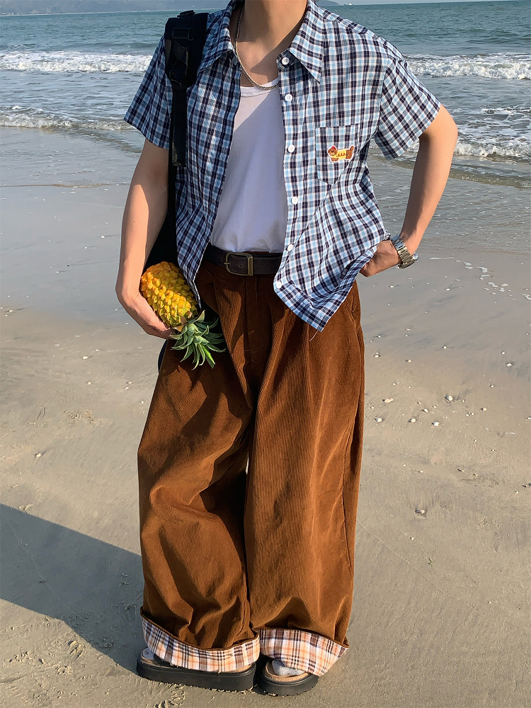 Unisex Slim Fit Dog Embroidery Short Sleeve Shirt - Versatile Vintage Plaid Top for Summer Casual Style Unisex Slim Fit Dog Embroidery Short Sleeve Shirt - Versatile Vintage Plaid Top for Summer Casual Style