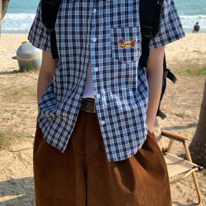 Unisex Slim Fit Dog Embroidery Short Sleeve Shirt - Versatile Vintage Plaid Top for Summer Casual Style