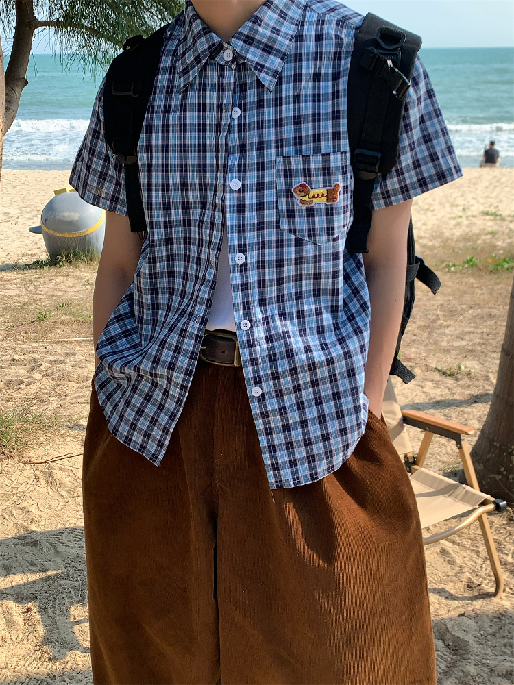 Unisex Slim Fit Dog Embroidery Short Sleeve Shirt - Versatile Vintage Plaid Top for Summer Casual Style Unisex Slim Fit Dog Embroidery Short Sleeve Shirt - Versatile Vintage Plaid Top for Summer Casual Style