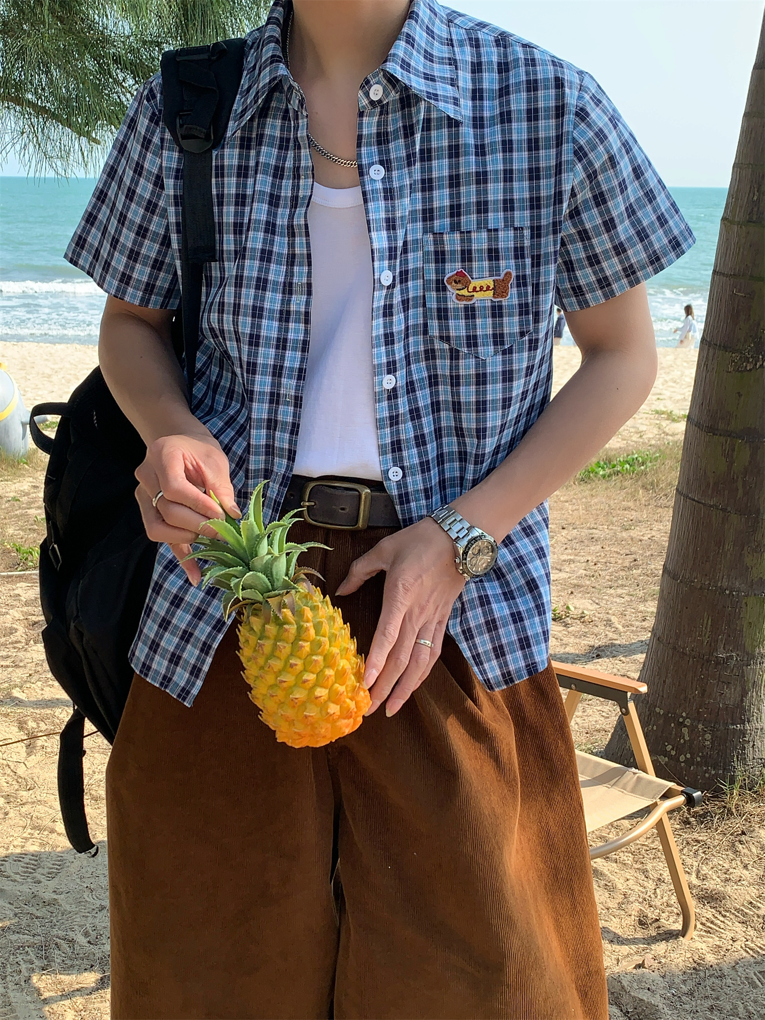 Unisex Slim Fit Dog Embroidery Short Sleeve Shirt - Versatile Vintage Plaid Top for Summer Casual Style Unisex Slim Fit Dog Embroidery Short Sleeve Shirt - Versatile Vintage Plaid Top for Summer Casual Style