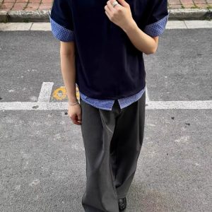 Unisex Spliced Plaid Polo Short Sleeve Shirt - American Style Loose T-Shirt Top for Summer, High-End Fashion