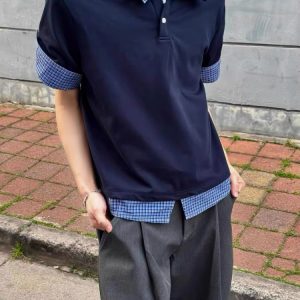 Unisex Spliced Plaid Polo Short Sleeve Shirt - American Style Loose T-Shirt Top for Summer, High-End Fashion