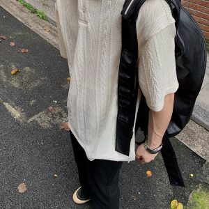 Unisex Vintage American-Style Textured Jacquard Polo Shirt - Summer Loose Casual Short Sleeve for Men & Women