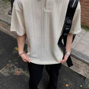 Unisex Vintage American-Style Textured Jacquard Polo Shirt - Summer Loose Casual Short Sleeve for Men & Women