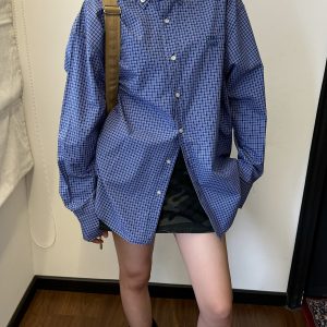 Unisex Vintage Blue Plaid Short Sleeve Shirt - Casual Embroidered Summer Style, Loose Fit, High-End Trend