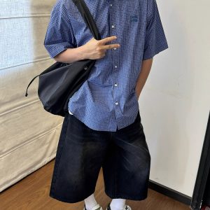 Unisex Vintage Blue Plaid Short Sleeve Shirt - Casual Embroidered Summer Style, Loose Fit, High-End Trend