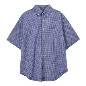 Unisex Vintage Blue Plaid Short Sleeve Shirt - Casual Embroidered Summer Style, Loose Fit, High-End Trend