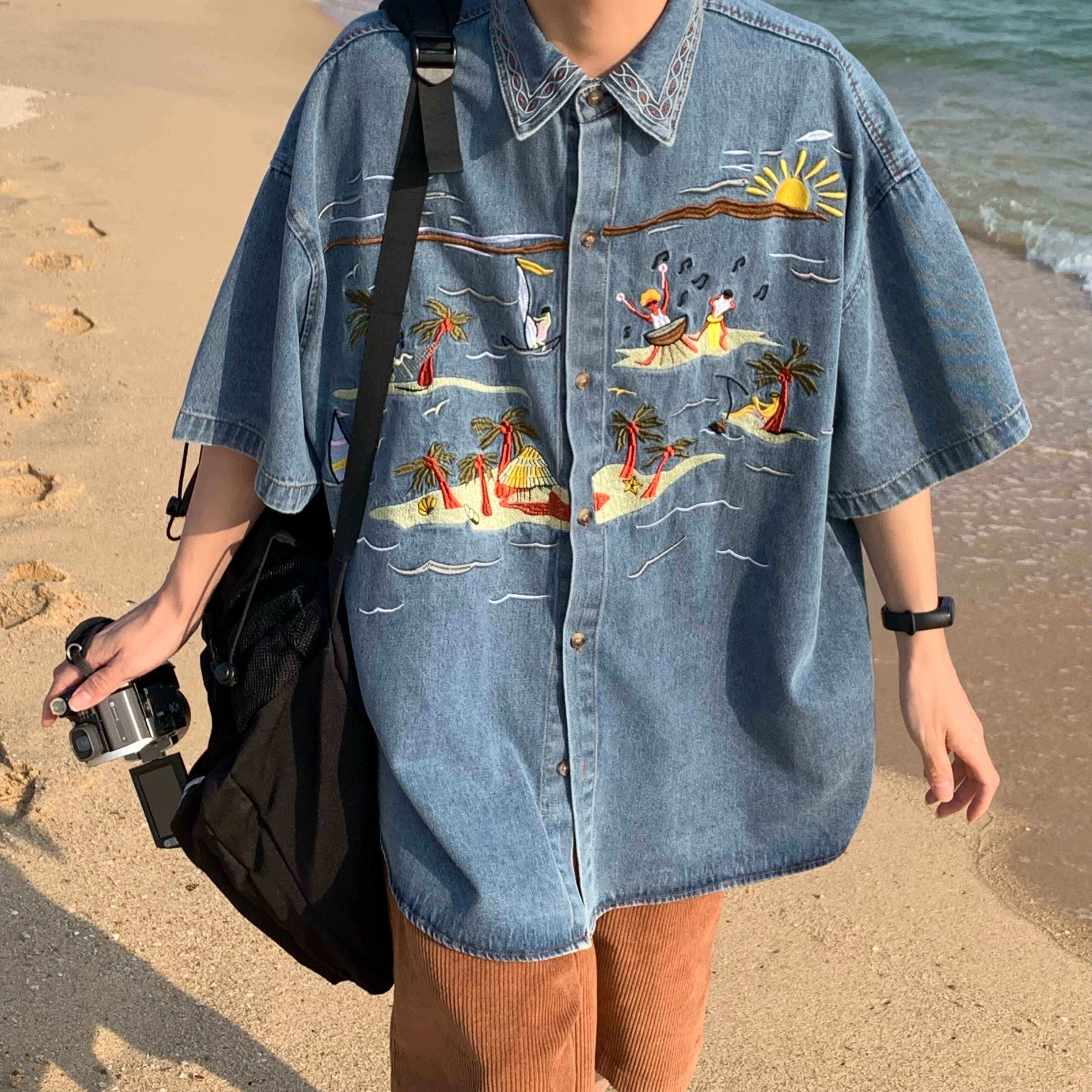 Unisex Vintage Denim Shirt with Embroidered Coconut Tree - Hawaiian Beach Style, Short Sleeve, Handmade Reworked Fashion