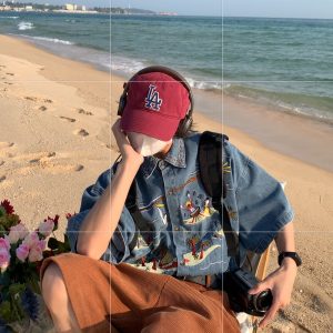 Unisex Vintage Denim Shirt with Embroidered Coconut Tree - Hawaiian Beach Style, Short Sleeve, Handmade Reworked Fashion