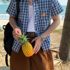 Unisex Vintage Plaid Short Sleeve Shirt with Dog Embroidery - Slim Fit Versatile 90s Style Top for Casual Outfits