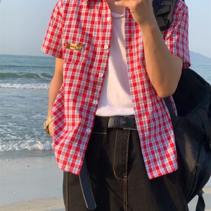 Unisex Vintage Plaid Short Sleeve Shirt with Dog Embroidery - Slim Fit Versatile 90s Style Top for Casual Outfits