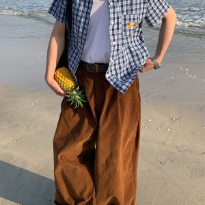 Unisex Vintage Plaid Short Sleeve Shirt with Dog Embroidery - Slim Fit Versatile 90s Style Top for Casual Outfits