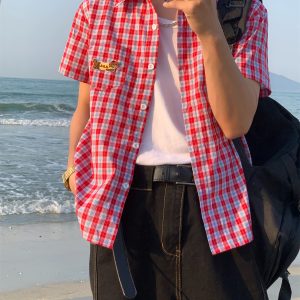 Unisex Vintage Plaid Short Sleeve Shirt with Dog Embroidery - Slim Fit Versatile 90s Style Top for Casual Outfits