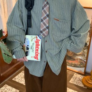 Unisex Vintage Striped Long Sleeve Shirt - Handmade Versatile Tie Top for Spring & Autumn, Relaxed Fit Fashion Essential