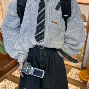 Unisex Vintage Striped Long Sleeve Shirt - Handmade Versatile Tie Top for Spring & Autumn, Relaxed Fit Fashion Essential