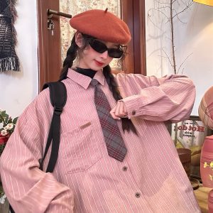 Unisex Vintage Striped Long Sleeve Shirt - Handmade Versatile Tie Top for Spring & Autumn, Relaxed Fit Fashion Essential