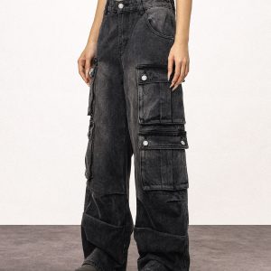 Unisex Vintage Washed Black Straight Leg Jeans - Casual American Style Work Pants for Everyday Wear