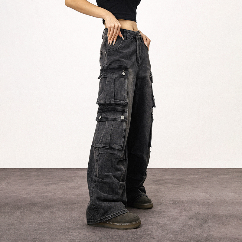 Unisex Vintage Washed Black Straight Leg Jeans - Casual American Style Work Pants for Everyday Wear
