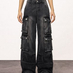 Unisex Vintage Washed Black Straight Leg Jeans - Casual American Style Work Pants for Everyday Wear