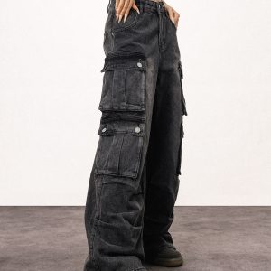Unisex Vintage Washed Black Straight Leg Jeans - Casual American Style Work Pants for Everyday Wear