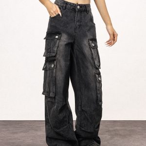 Unisex Vintage Washed Black Straight Leg Jeans - Casual American Style Work Pants for Everyday Wear