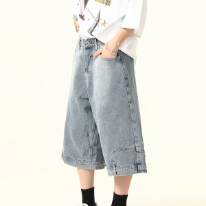 Unisex Vintage Wide-Leg Inverted Denim Shorts - Retro American Style Washed Loose Cropped Pants