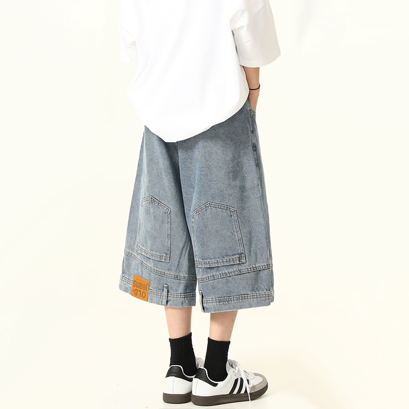 Unisex Vintage Wide-Leg Inverted Denim Shorts - Retro American Style Washed Loose Cropped Pants
