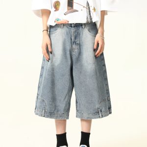 Unisex Vintage Wide-Leg Inverted Denim Shorts - Retro American Style Washed Loose Cropped Pants