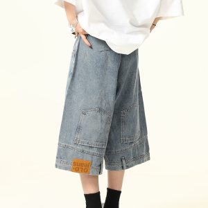 Unisex Vintage Wide-Leg Inverted Denim Shorts - Retro American Style Washed Loose Cropped Pants