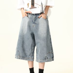 Unisex Vintage Wide-Leg Inverted Denim Shorts - Retro American Style Washed Loose Cropped Pants