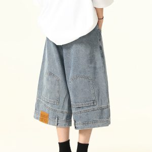 Unisex Vintage Wide-Leg Inverted Denim Shorts - Retro American Style Washed Loose Cropped Pants