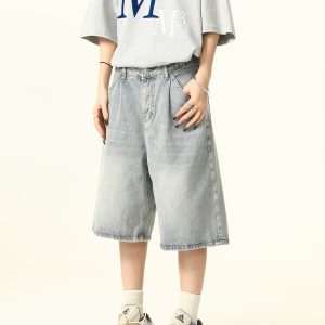 Unisex Wide-Leg Denim Shorts in Washed Blue - American Street Style Loose-Fit Summer Five-Point Pants for Casual Wear